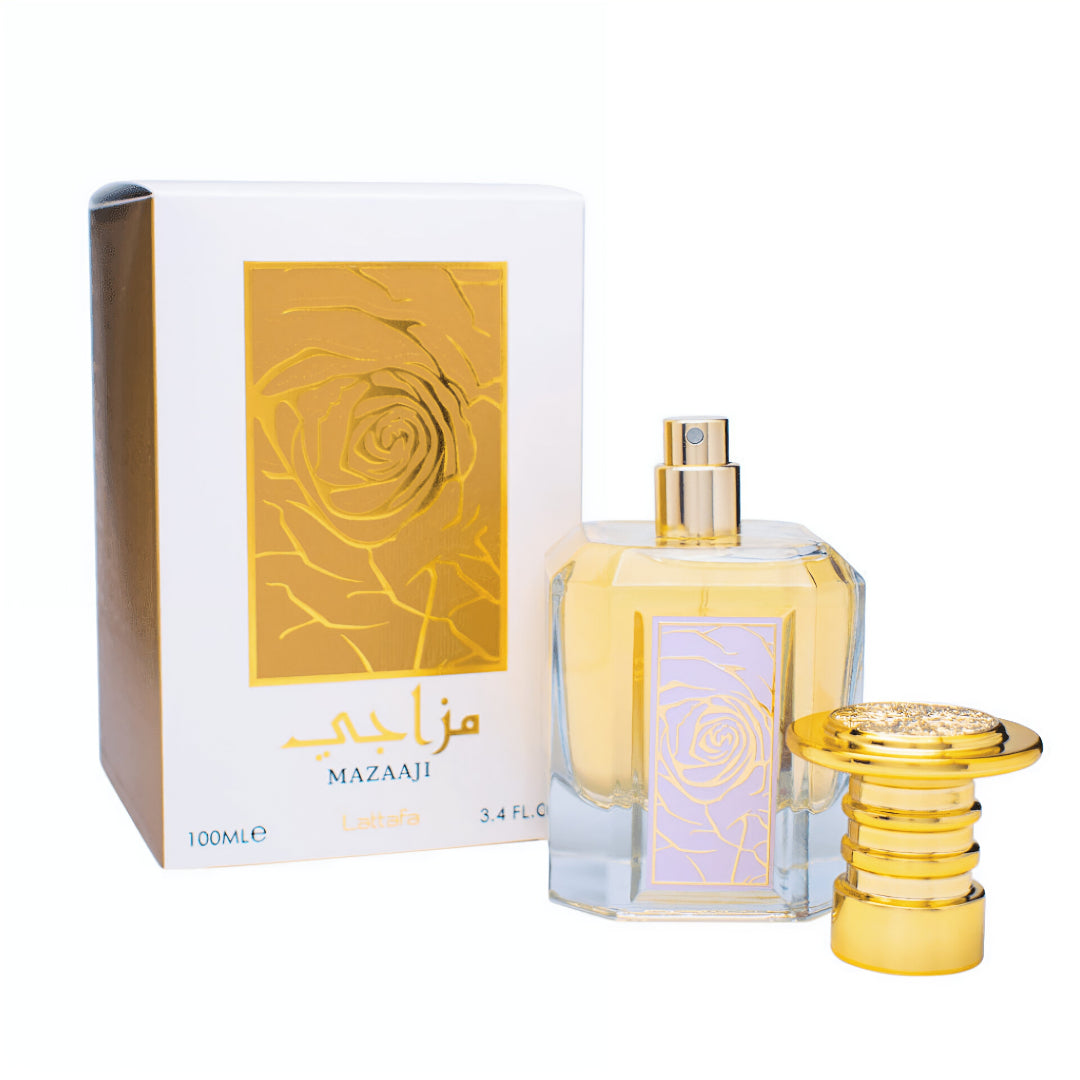 Mazaaji perfume bottle and packaging on a white background