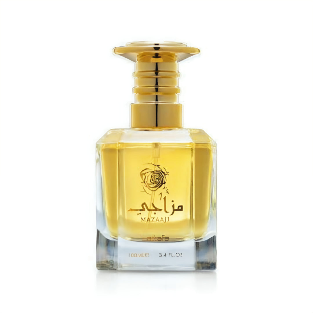 Perfume bottle with gold cap and clear glass body on a white background wangi world lattafa perfumes malaysia