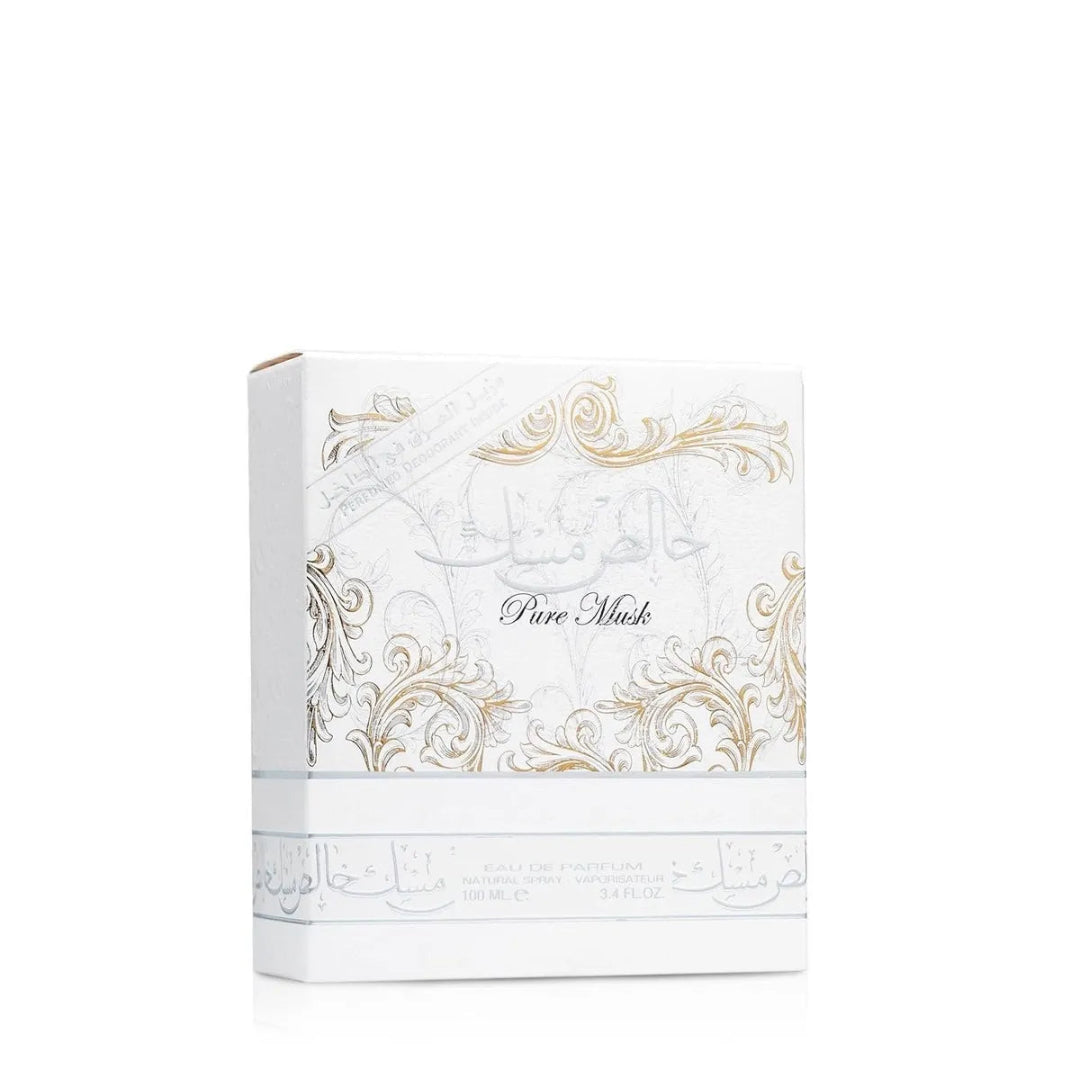 White packaging box with gold intricate designs and 'Pure Musk' text on a white background