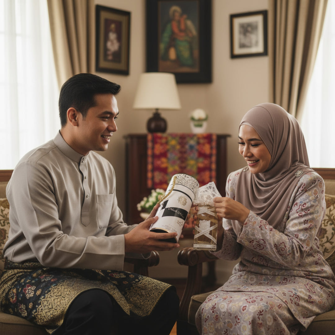 Man and woman in traditional attire exchanging gifts in a living room.