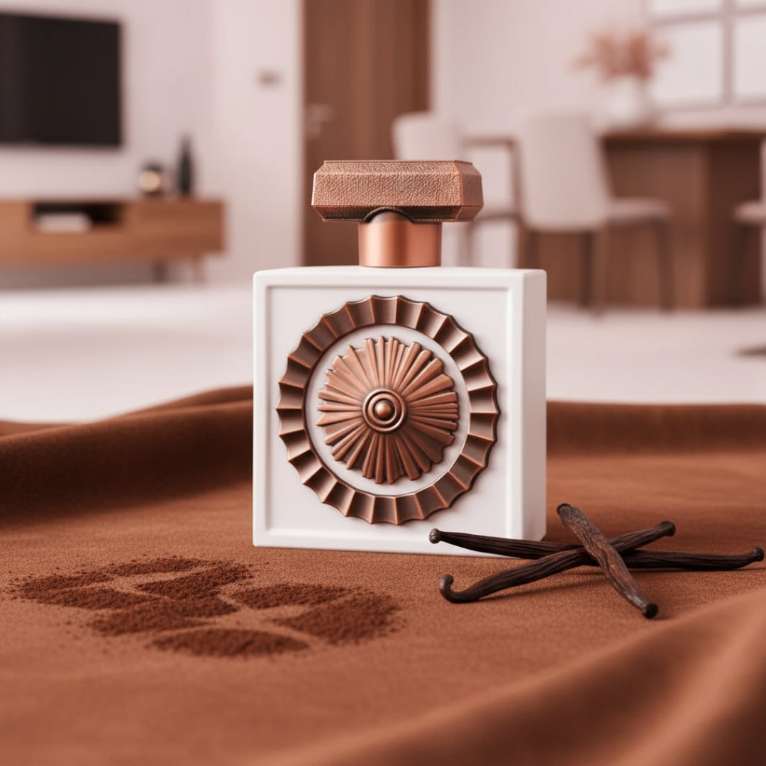 Nebras Elixir on suede with cocoa dust and vanilla pods, soft blush light; Malaysian apartment; bottle and box visible.