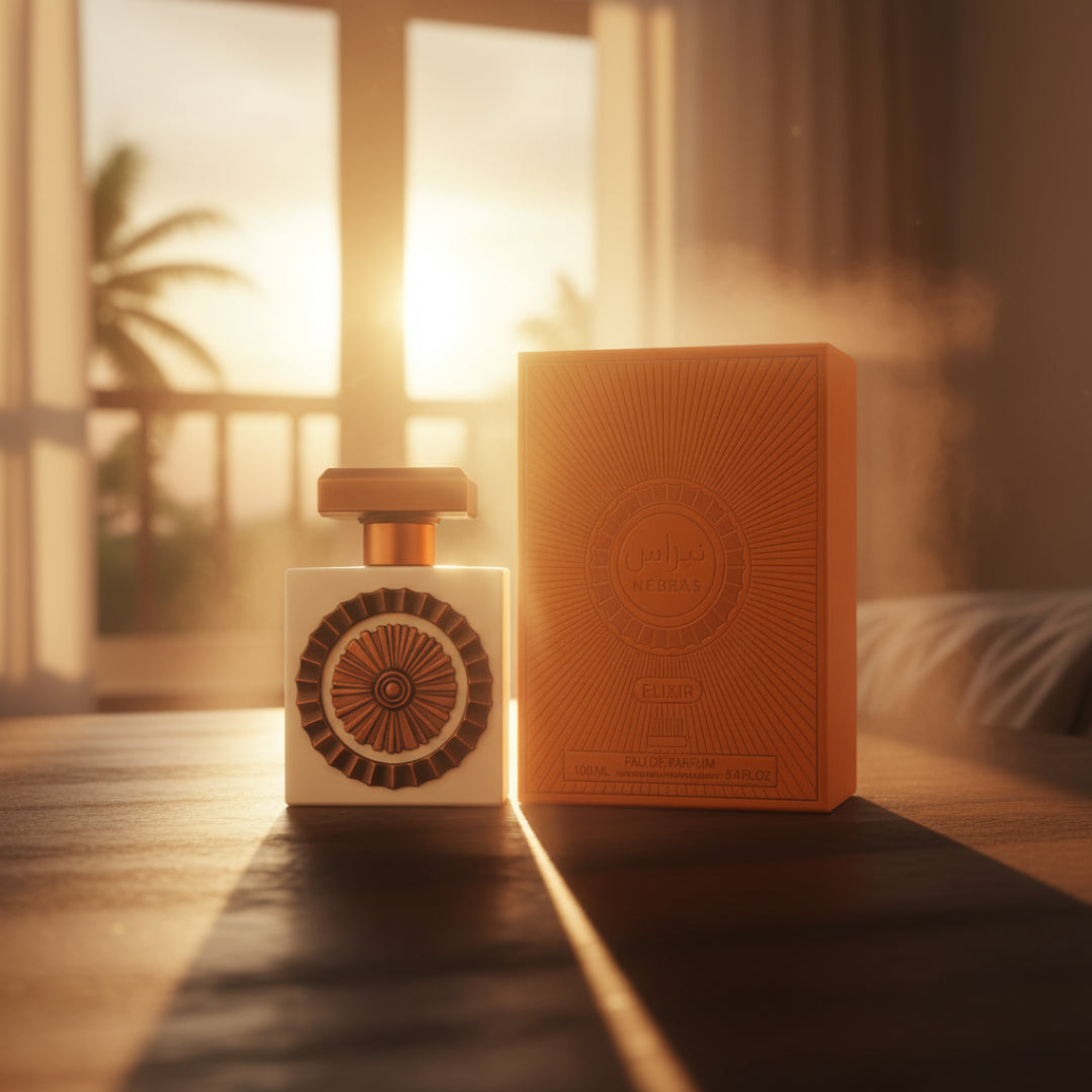 Nebras Elixir bottle and box in Malaysian sunrise with golden glow and soft vanilla aura; cinematic realism, clear product.