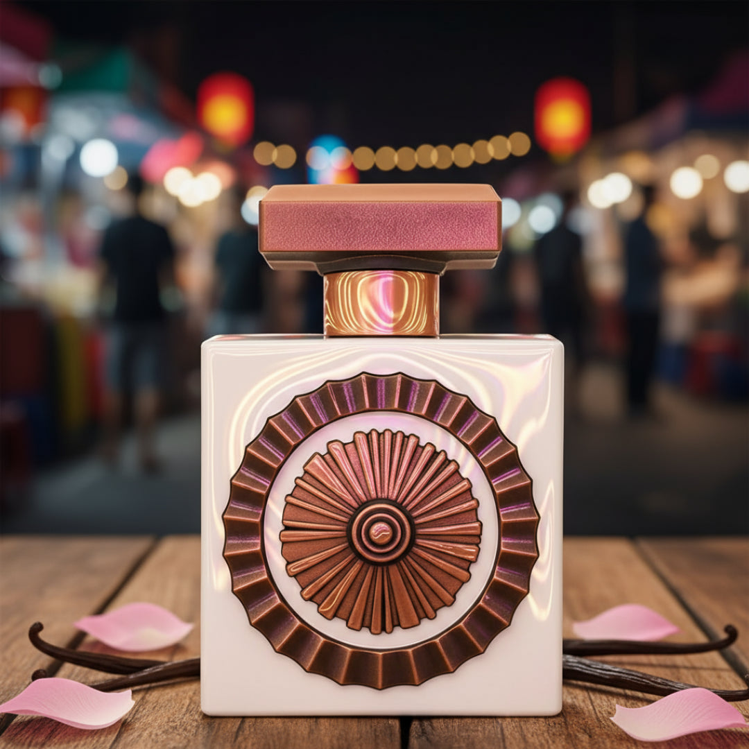 Nebras Elixir at Malaysian night market table with pink‑gold neon reflections, rose and vanilla hint; clear product.