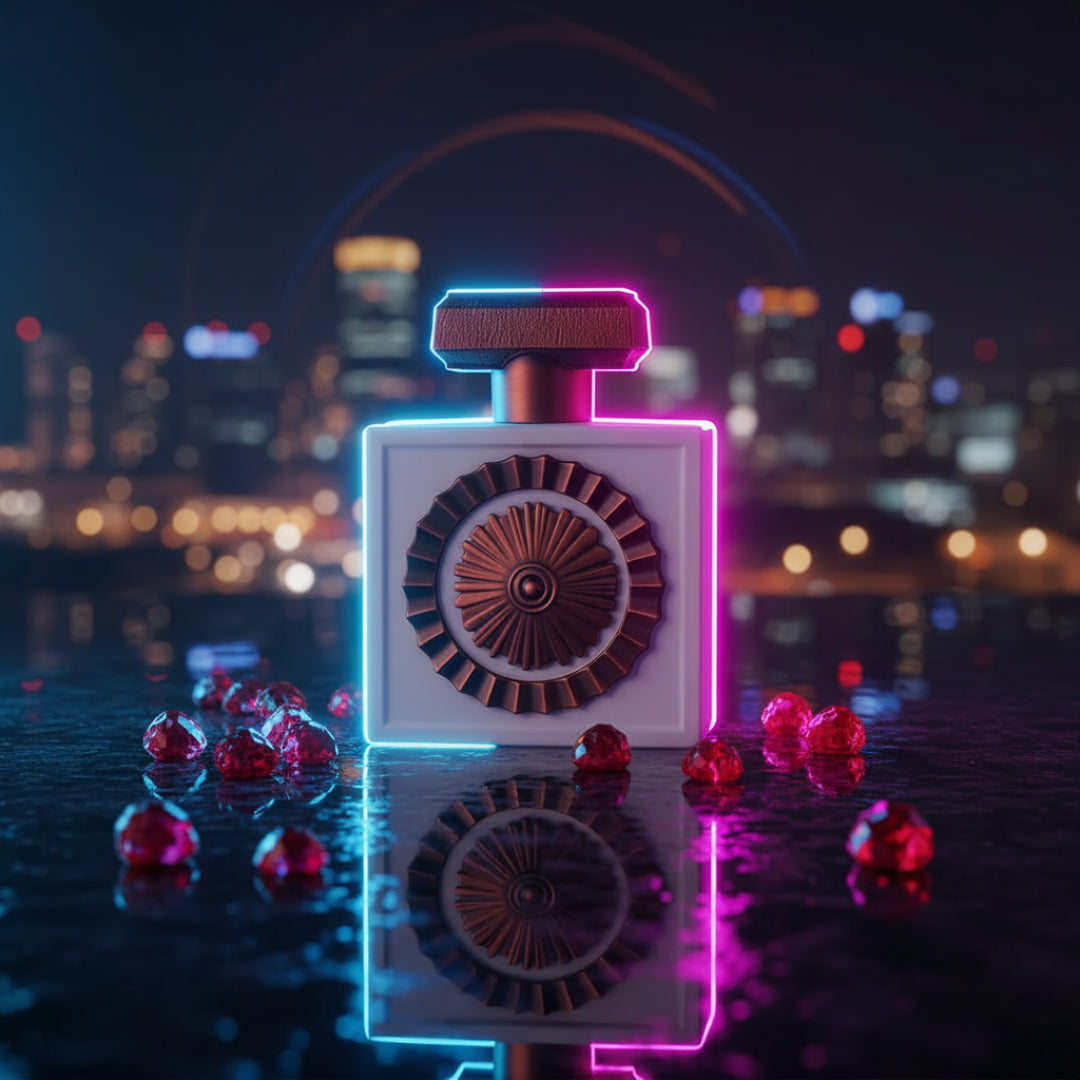 Nebras Elixir with scattered raspberries on glossy black stone, neon rim light; Malaysian night reflections; clear product.