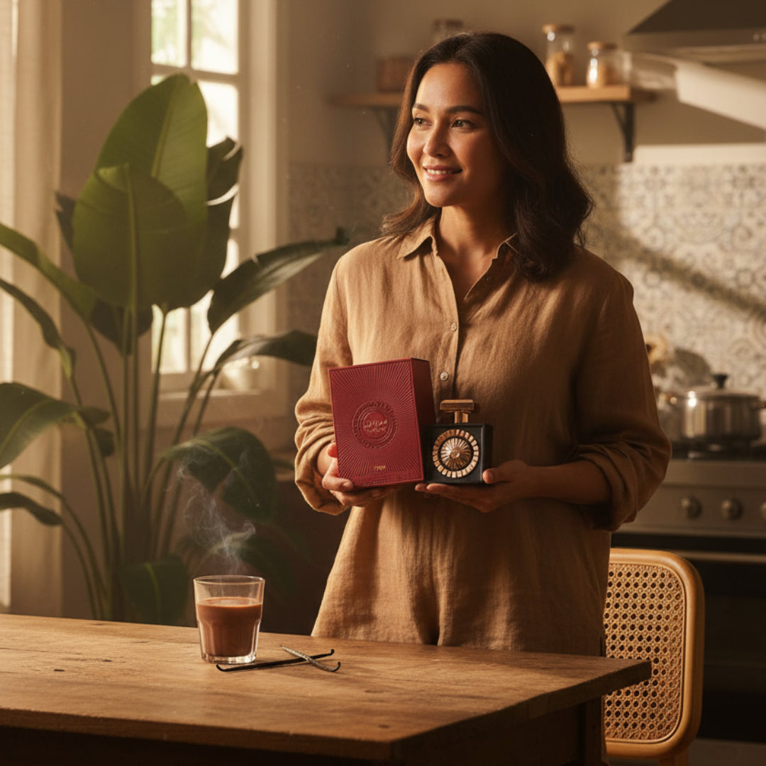 Women perfume bottle in Malaysia home kitchen morning light with coffee and vanilla pod &ndash; sweet everyday fragrance Malaysia