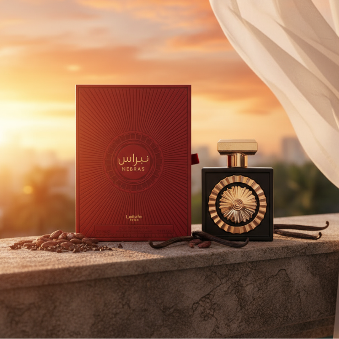 Women perfume on balcony with sunset sky and cacao vanilla pods &ndash; sweet gourmand fragrance Malaysia