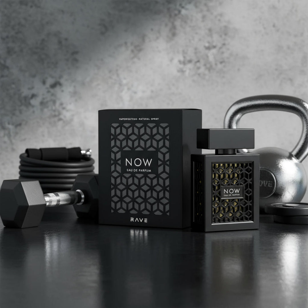 NOW Rave bottle next to gym accessories, steel textures, cool sporty men’s look