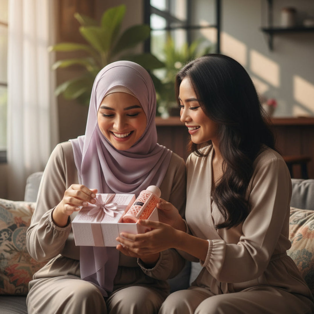 Now Women - Malay hijabi woman smiling joyfully as her non-hijabi friend gifts her a perfume Now pink &ndash; emotional friendship perfume scene Malaysia