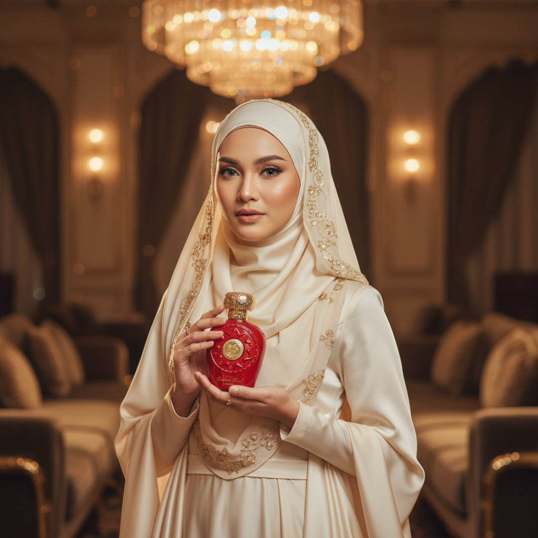 Wanita berhijab Malaysia memegang Opulent Red, gaya feminin mewah