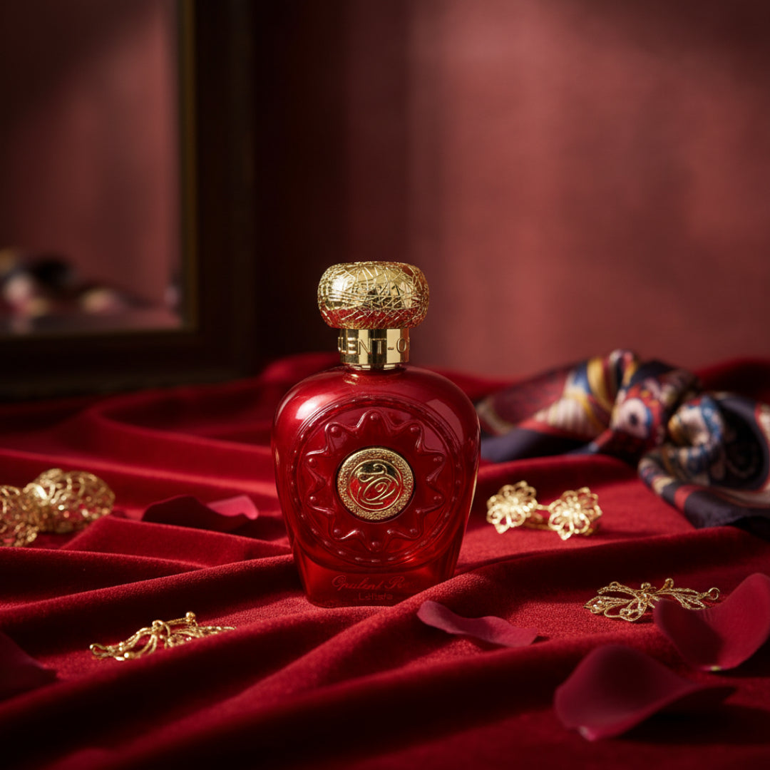 Opulent Red Lattafa atas velvet merah, gaya mewah wanita Malaysia