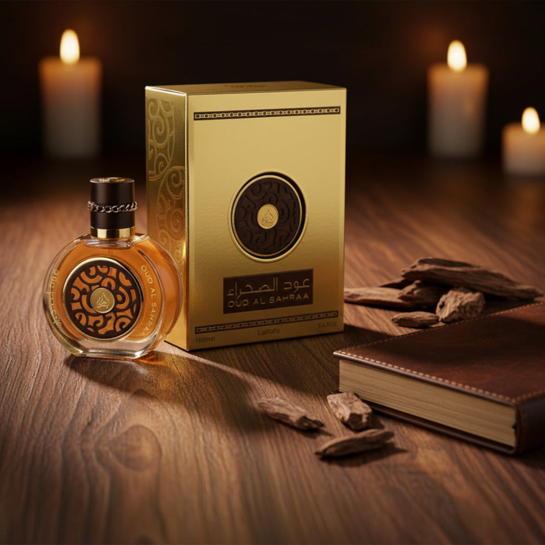 Oud Al Sahraa by Lattafa perfume bottle and box with oud chips and leather journal luxury unisex Malaysia
