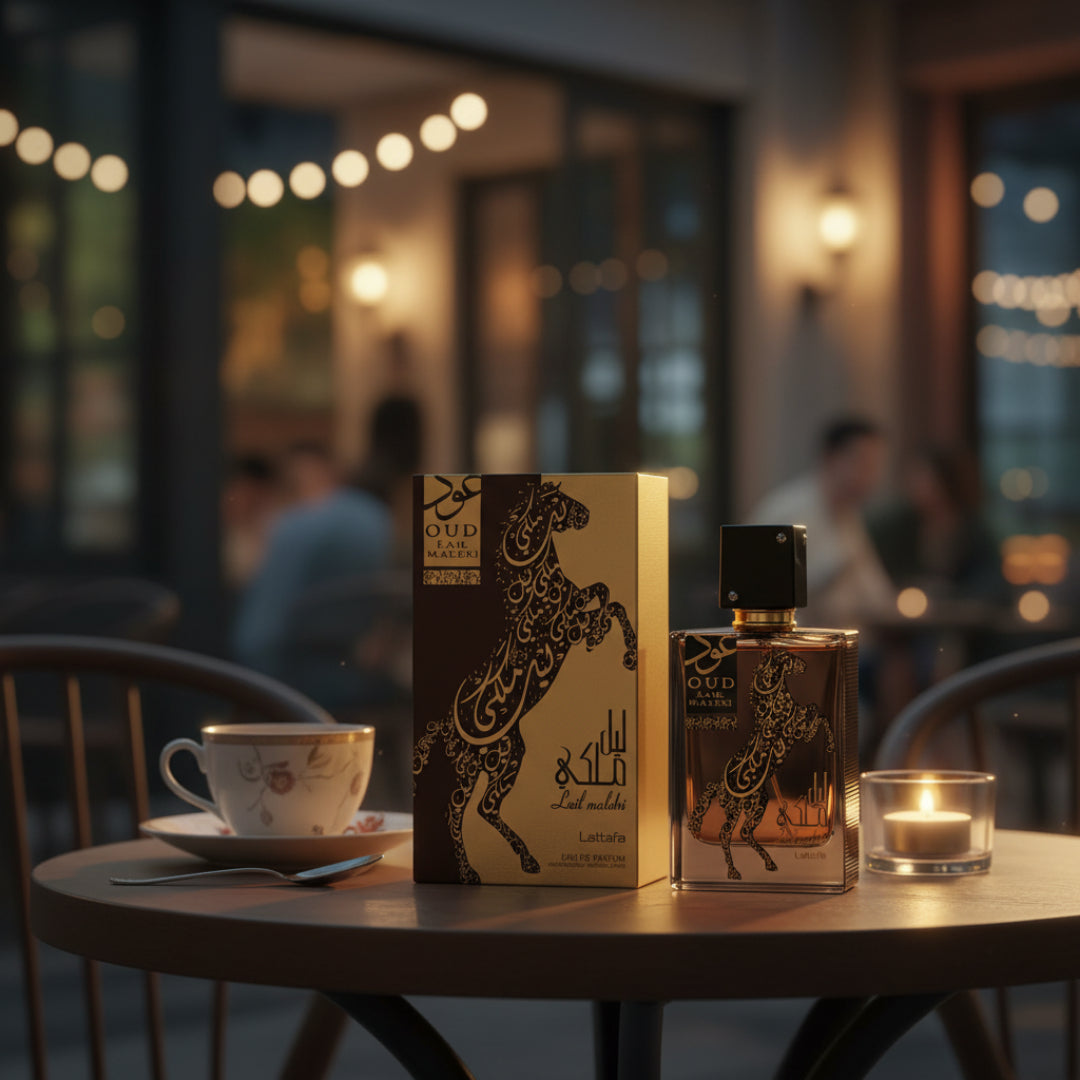 Oud Lail Maleki di meja kafe dengan lighting malam &ndash; perfume stylish Malaysia