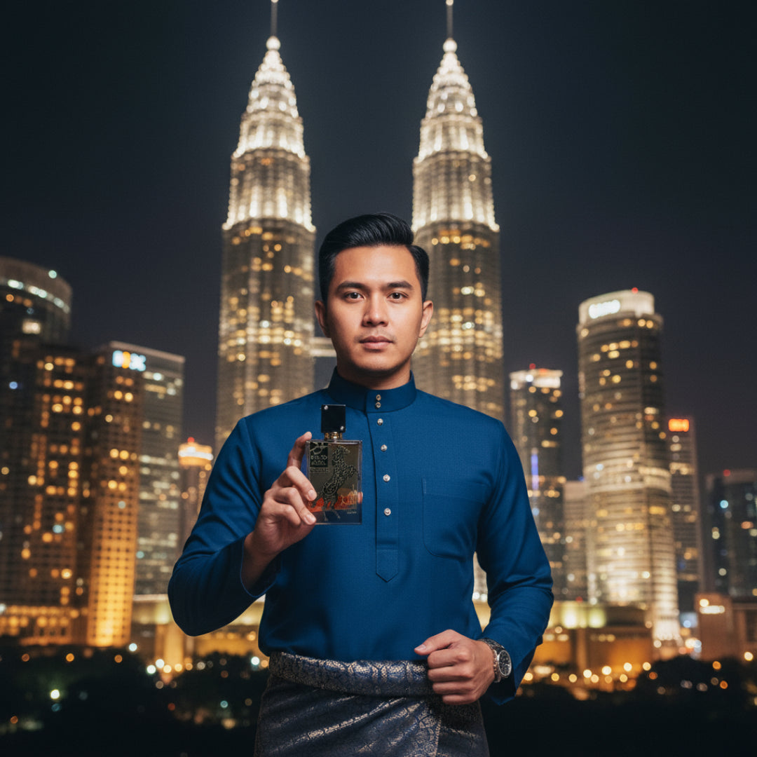Lelaki Melayu pegang Oud Lail Maleki di KLCC waktu malam &ndash; perfume oud mewah Malaysia”