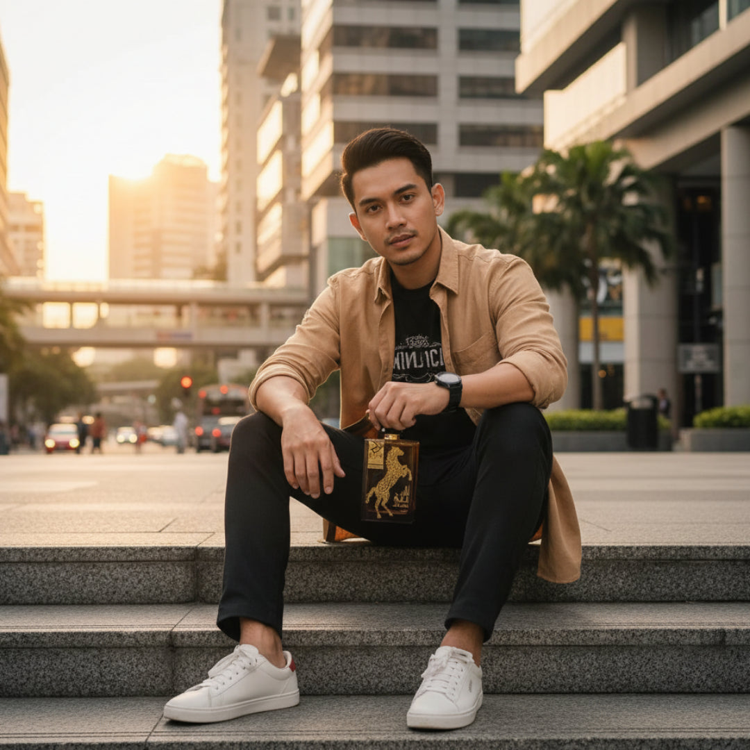 Lelaki Melayu duduk di tangga batu bersama Oud Lail Maleki &ndash; gaya urban maskulin Malaysia”