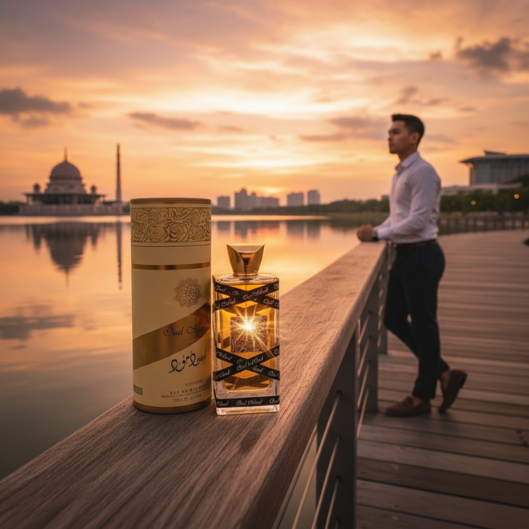 perfume Oud Mood atas pagar tasik Putrajaya waktu matahari terbenam dengan lelaki Malaysia