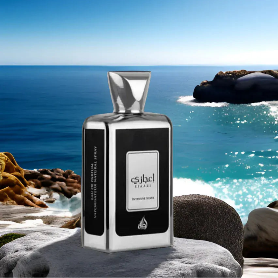 Perfume bottle with a scenic ocean view in the background