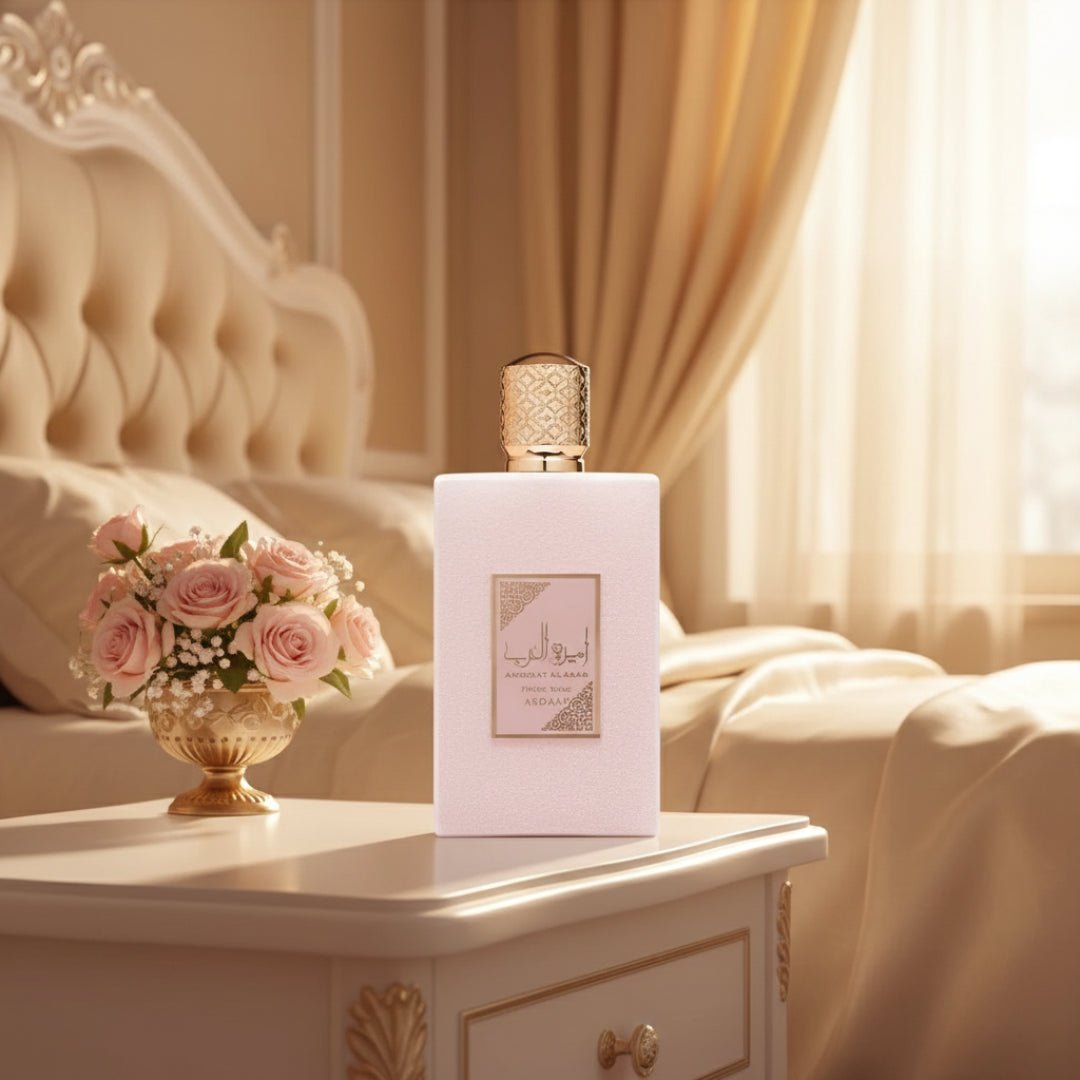 Ameerat Al Arab Prive Rose di bilik tidur dengan cahaya emas lembut