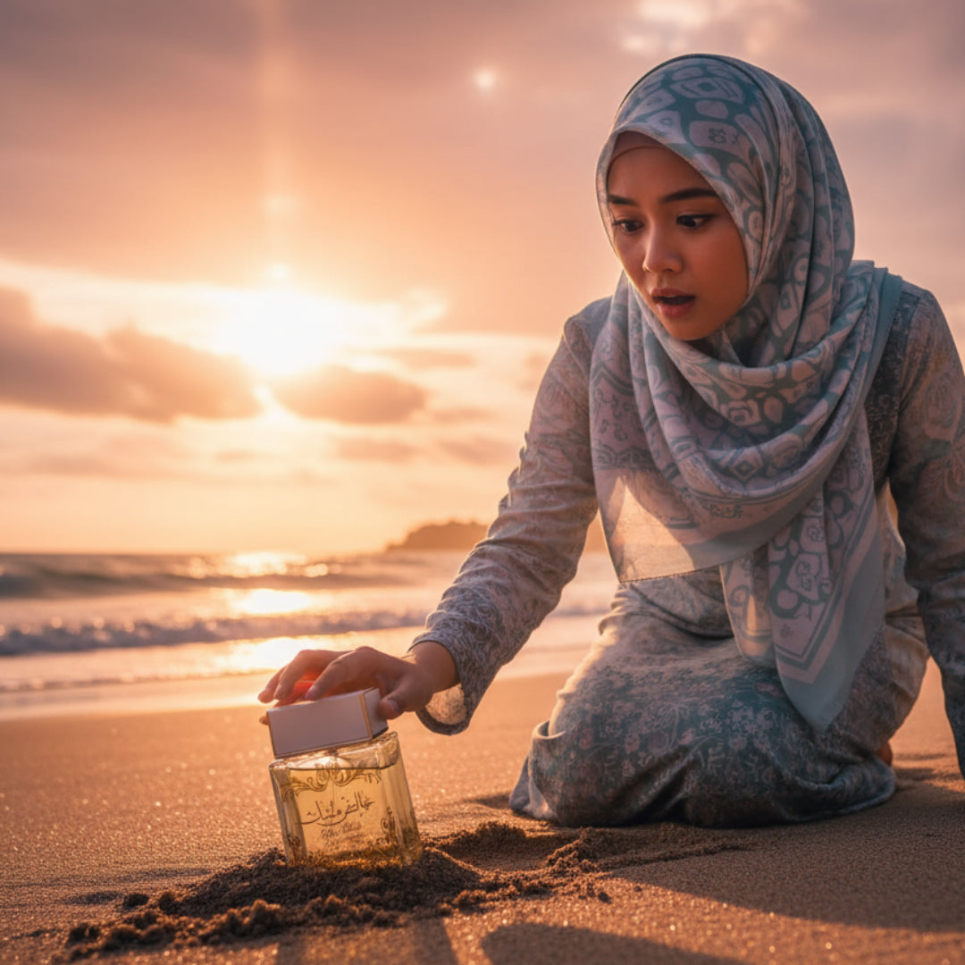 Woman in hijab pouring sand into a jar on a beach at sunset