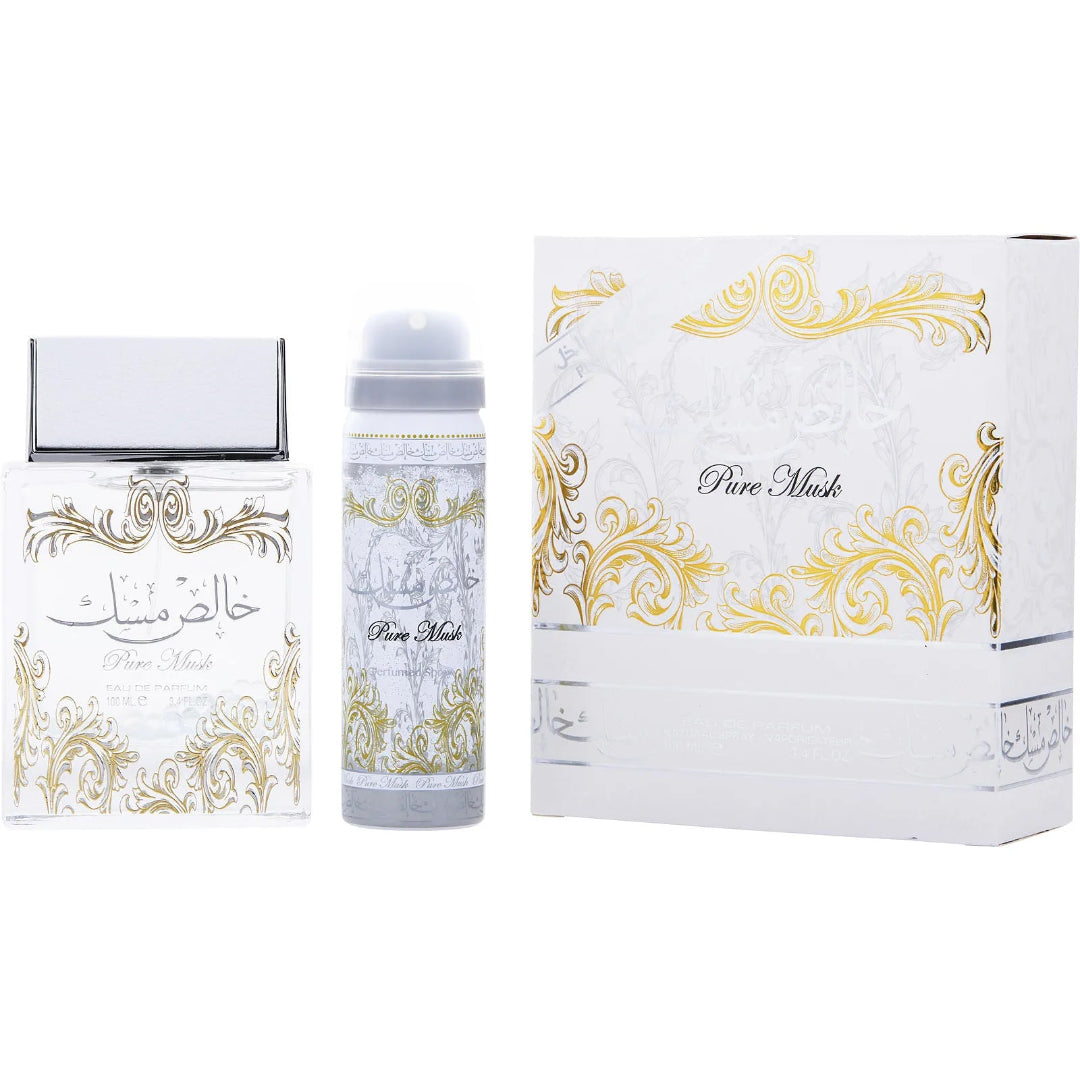 Perfume set with bottles and packaging featuring gold and white design on a white background