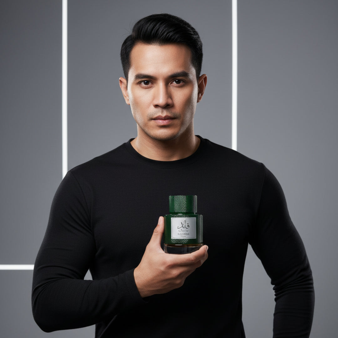 Lelaki Malaysia berbaju hitam dengan Qaaed Intense, aura yakin