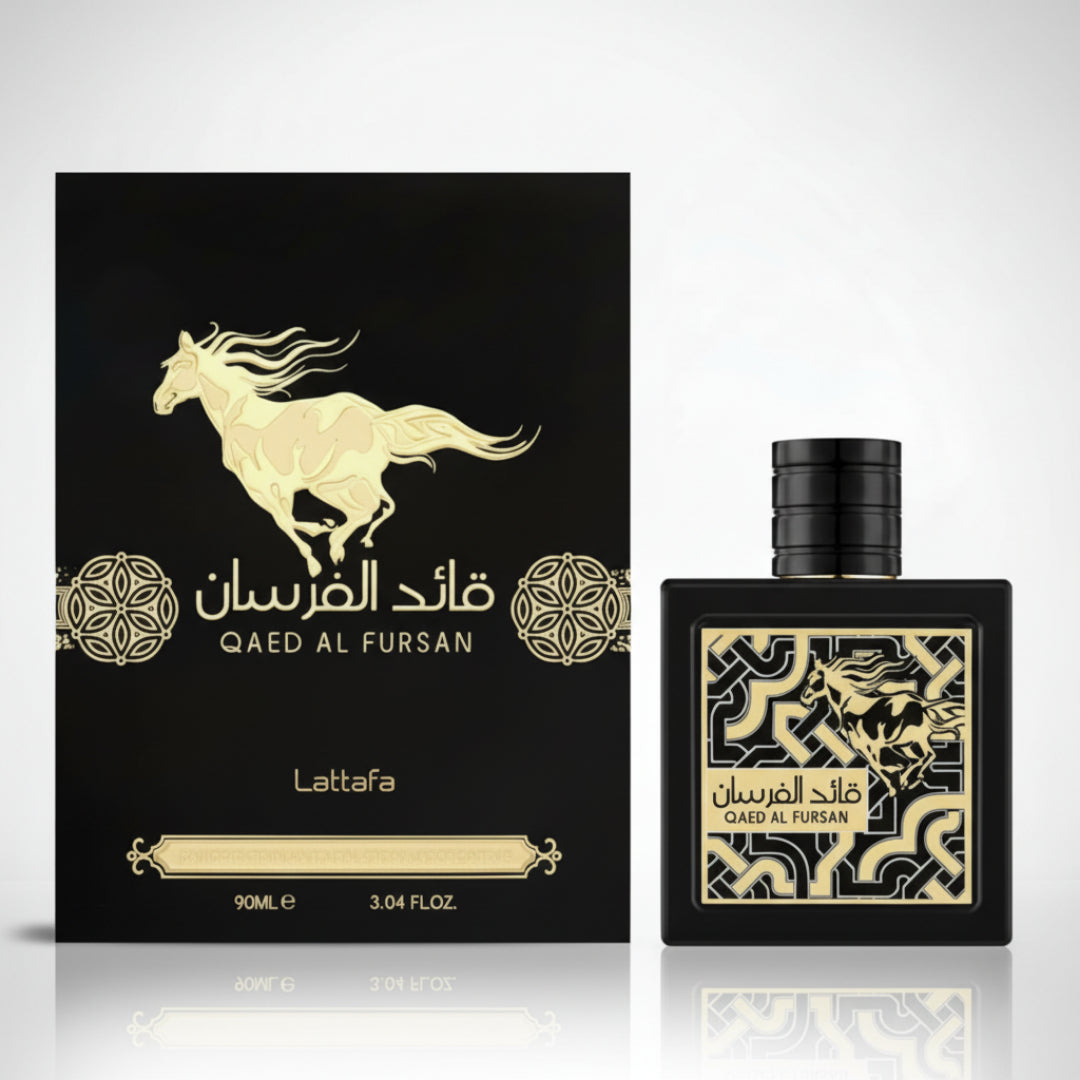 Box dan botol Qaed Al Fursan Lattafa fragrance lelaki warm woody vibe premium Malaysia