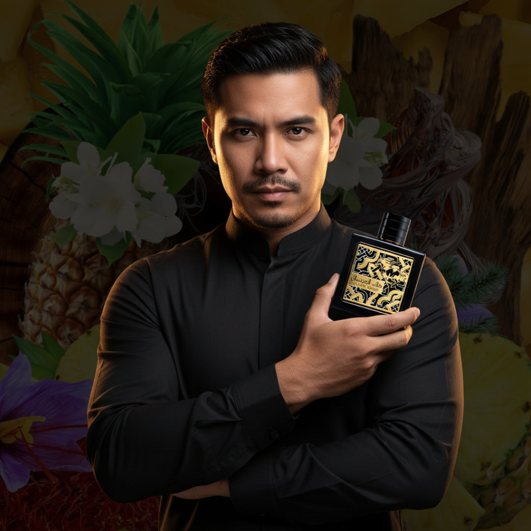 Lelaki Malaysia berbaju hitam memegang Qaed Al Fursan, mood warrior elegan