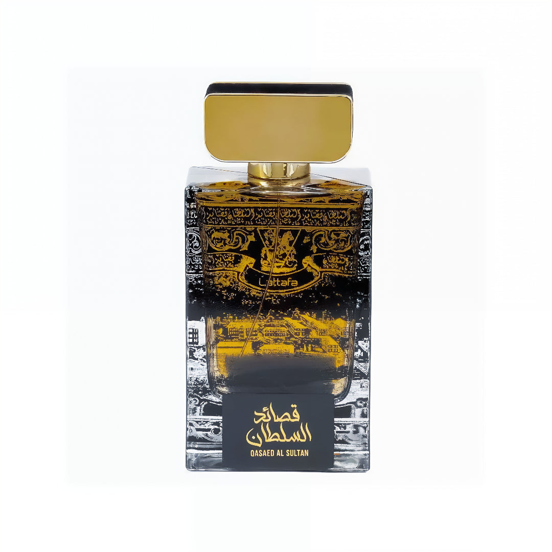 Lattafa Perfume bottle with gold and black design on a white background