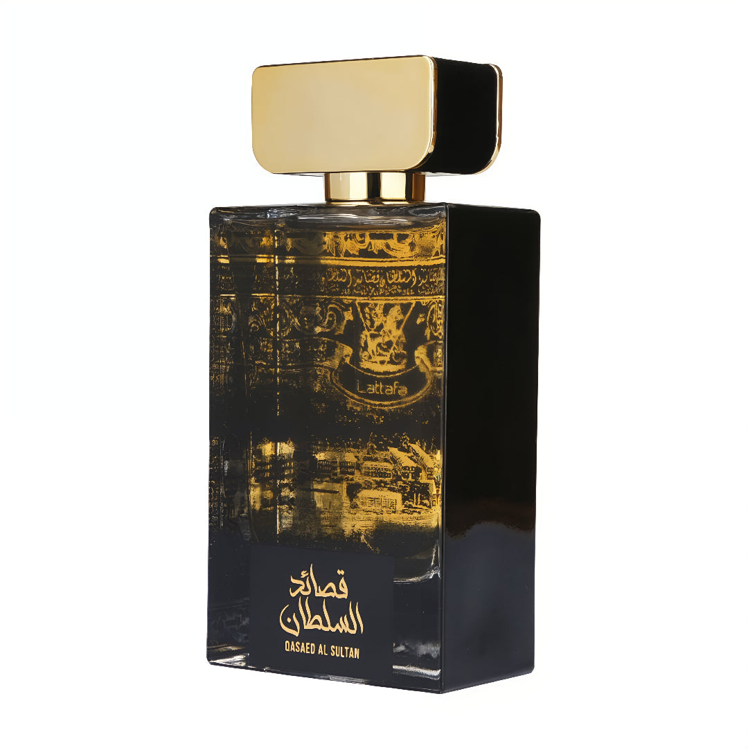 Lattafa Perfume bottle with gold and black design on a white background