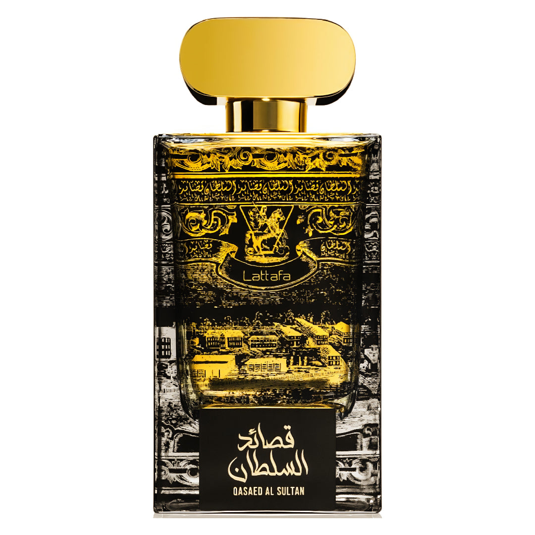 Lattafa Perfume bottle with gold cap and intricate design on a white background