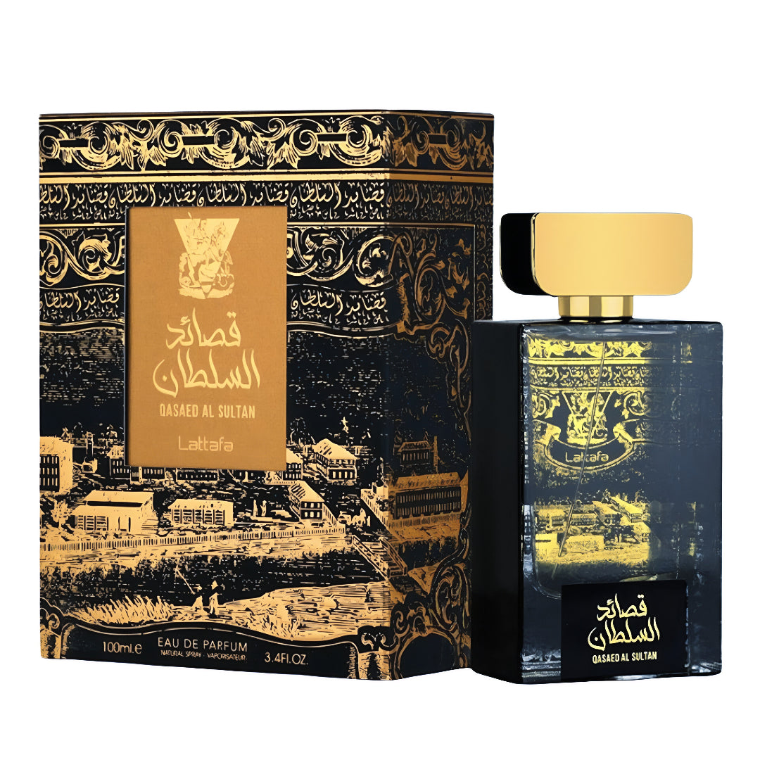 Perfume bottle and packaging with intricate design on a white background lattafa perfumes malaysia