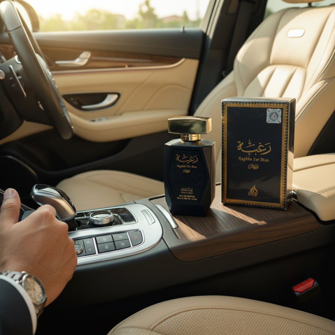 Raghba for Men dalam kereta, tangan lelaki Malaysia di stereng