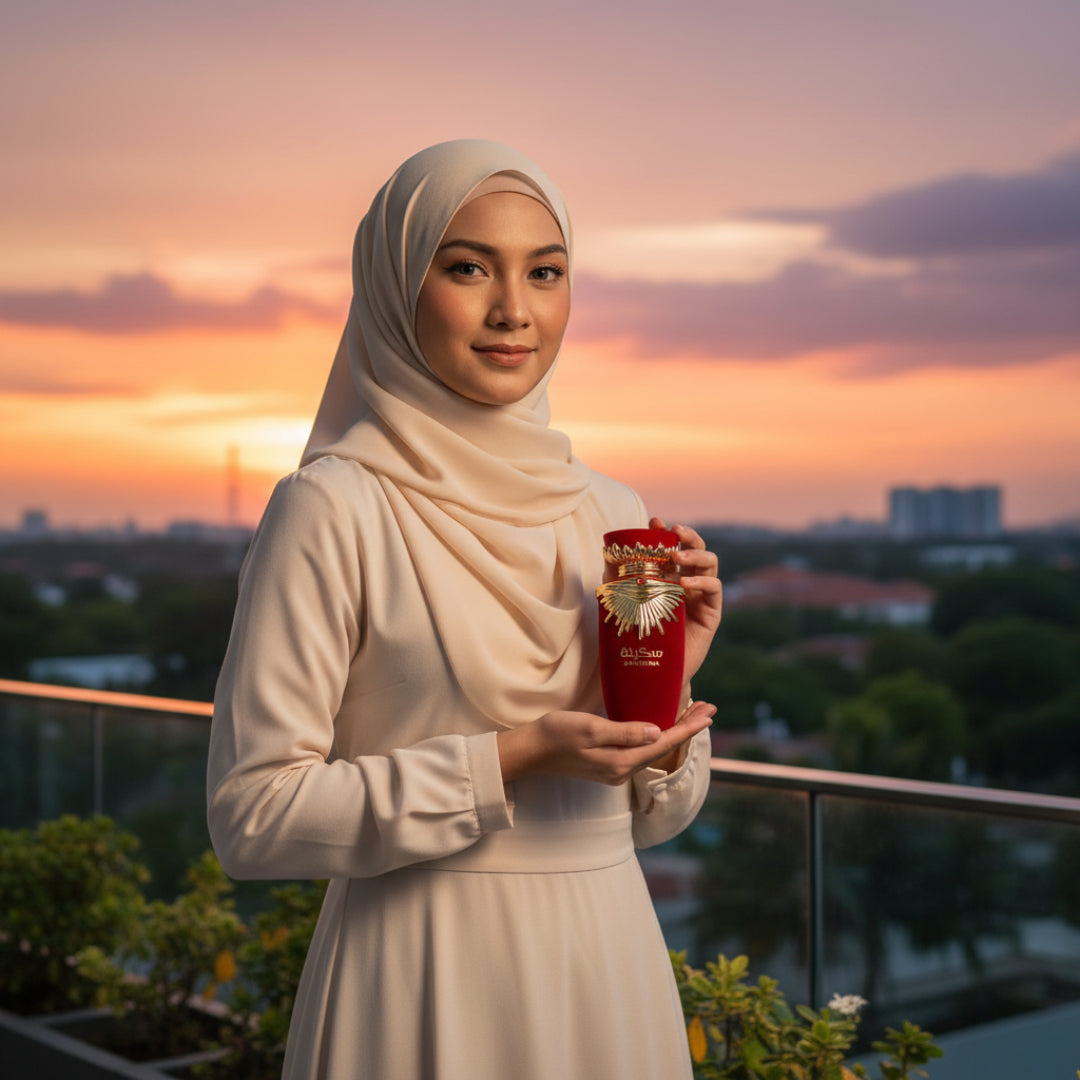 Gadis berhijab pegang Sakeena by Lattafa di balkoni &ndash; suasana sunset lembut Malaysia