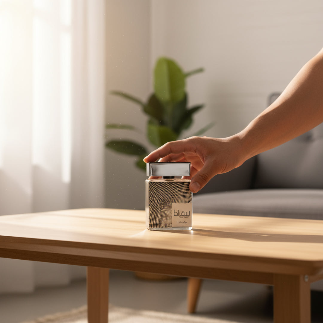 Malay man placing Suqraat on wooden coffee table, bright morning light, fresh everyday men’s vibe