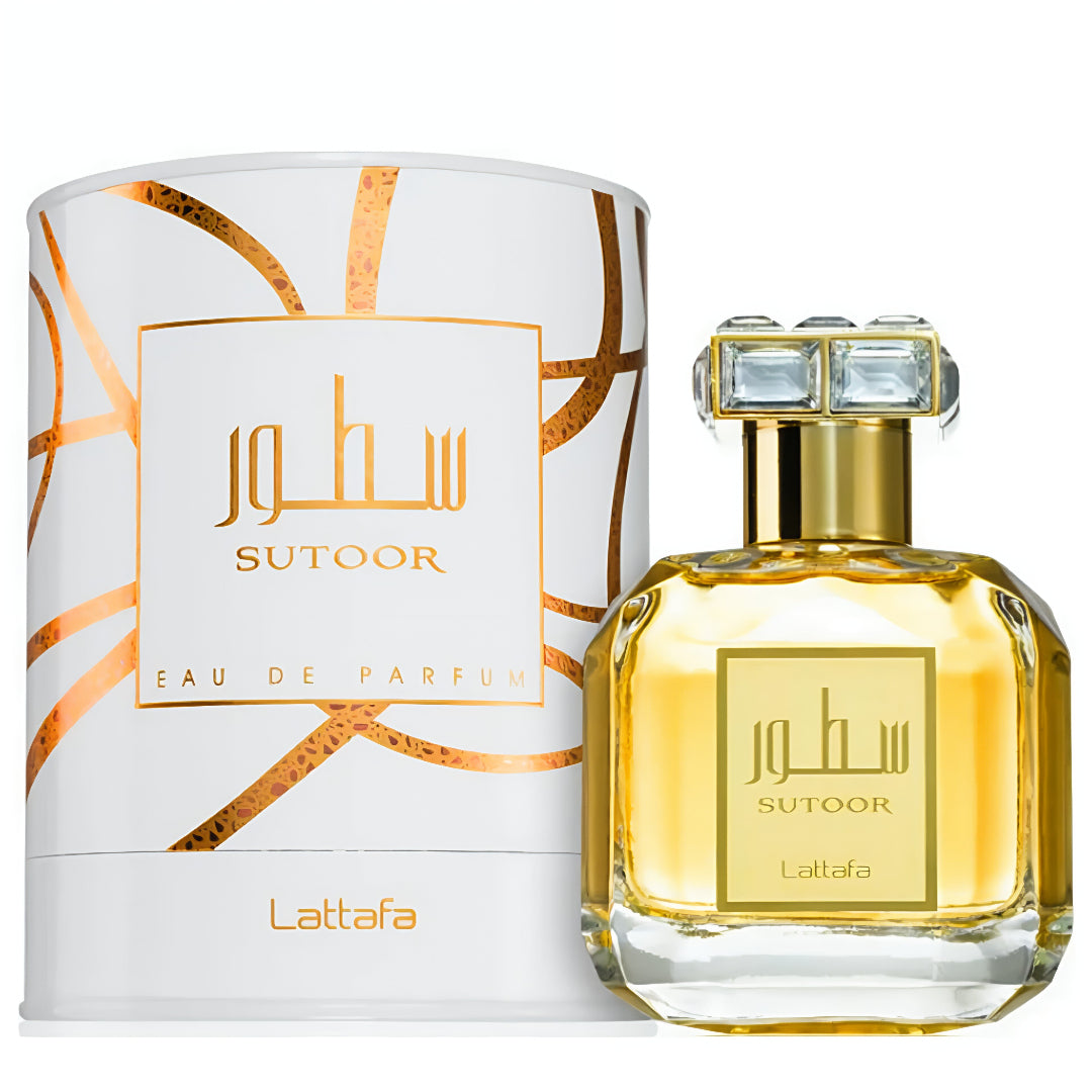 Sutoor Eau de Parfum by Lattafa with packaging on a white background