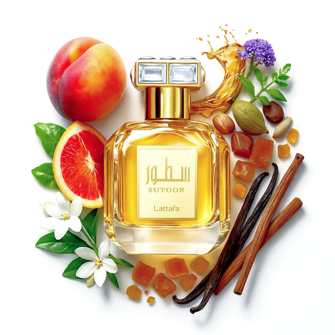 Sutoor Lattaqa perfume bottle surrounded by fruits, spices, and flowers on a white background