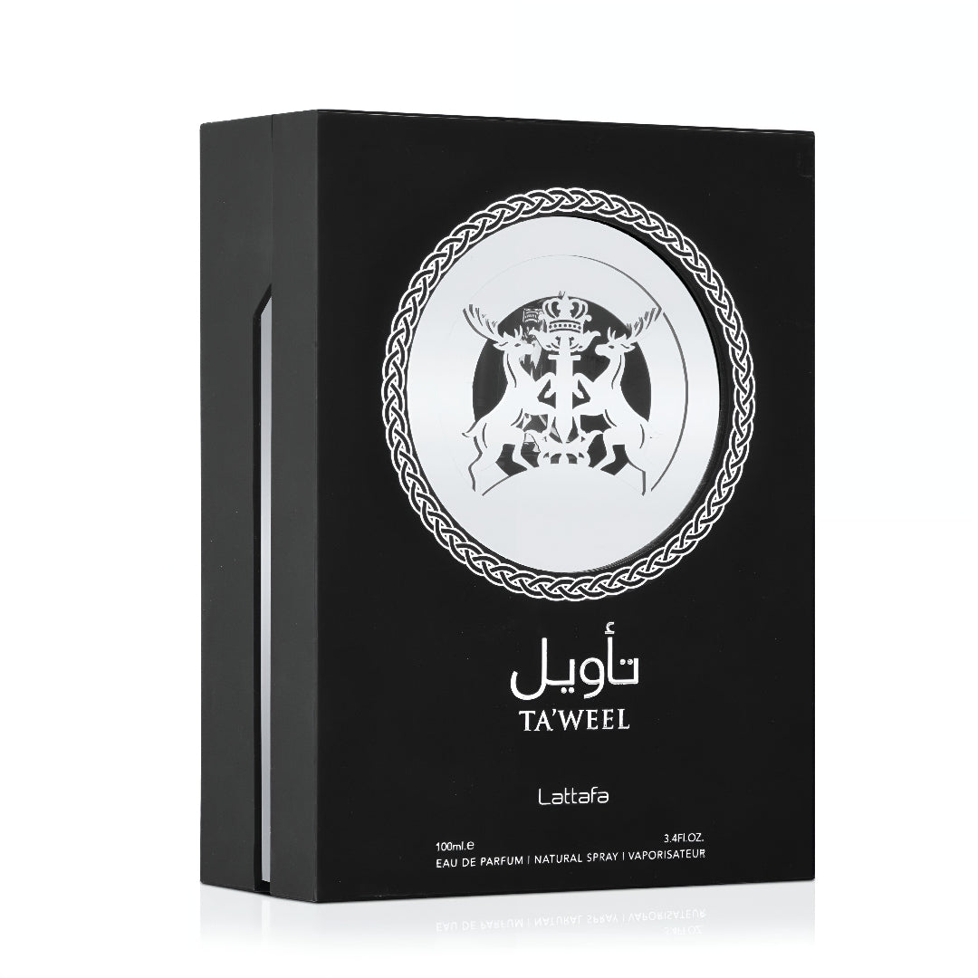 Black box of Lattafa Ta'weel perfume with white logo and text