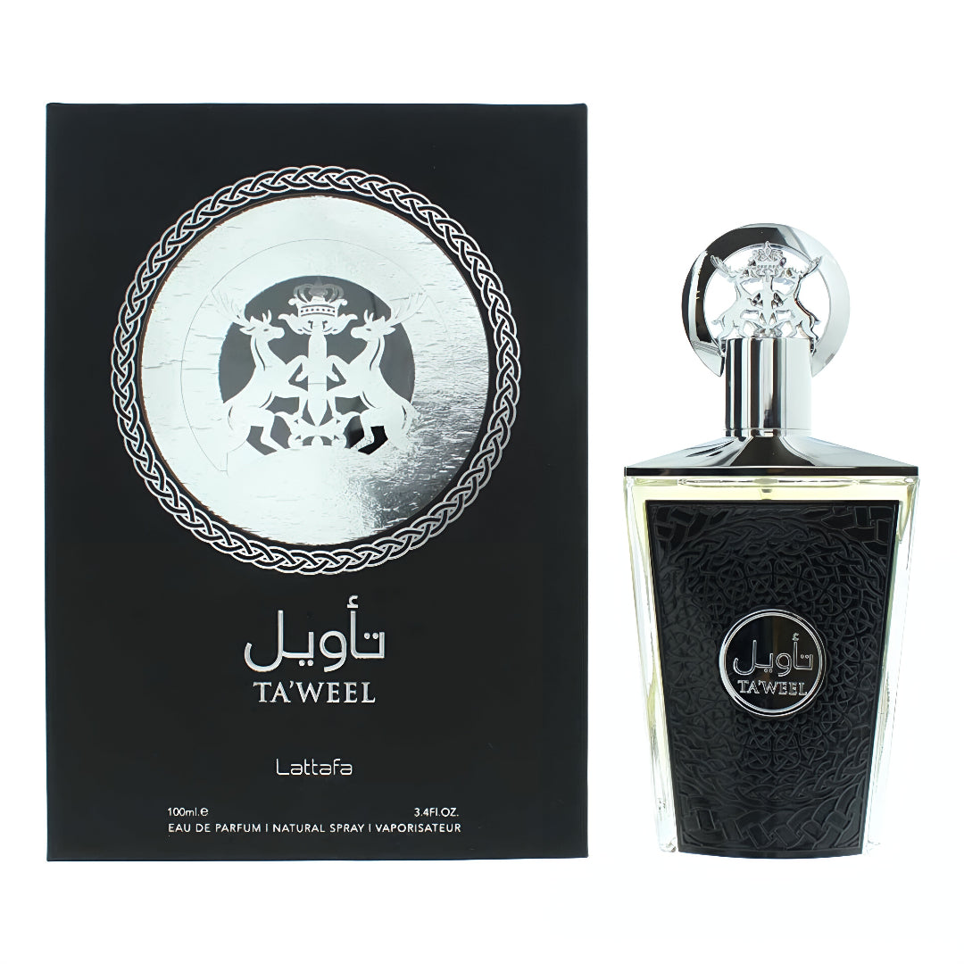 Lattafa Ta'weel perfume bottle and packaging on a white background