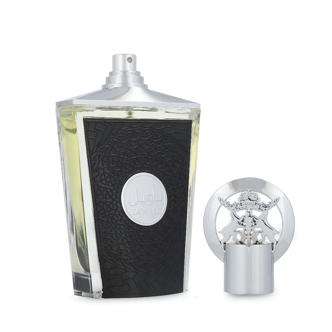 Perfume bottle with black and silver design on a white background