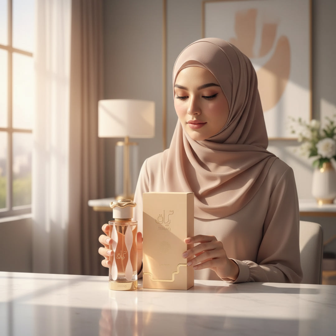 wanita berhijab Malaysia pegang Teriaq Lattafa perfume pink lembut feminin