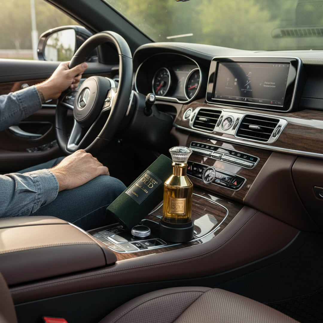 Velvet Oud dalam kereta, tangan lelaki Malaysia di stereng