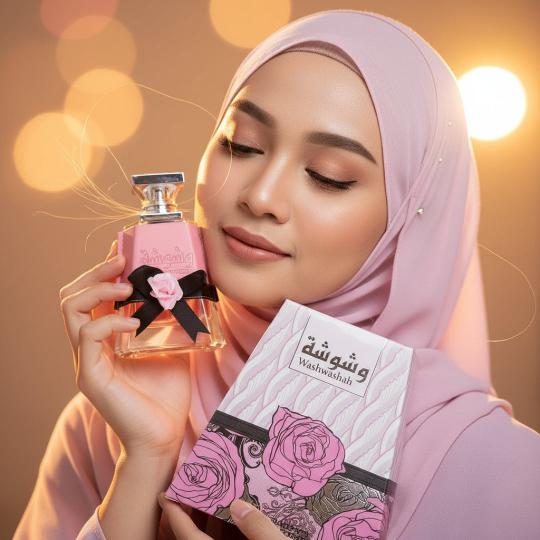 Malay woman hijab holding Washwashah Lattafa perfume women Malaysia