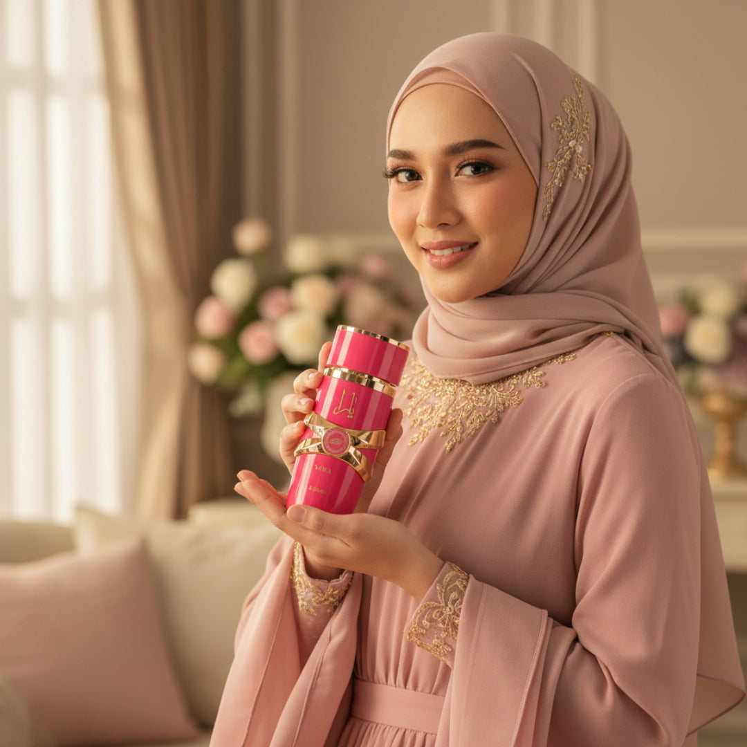 Wanita berhijab Malaysia memegang Yara Candy dengan senyuman manis