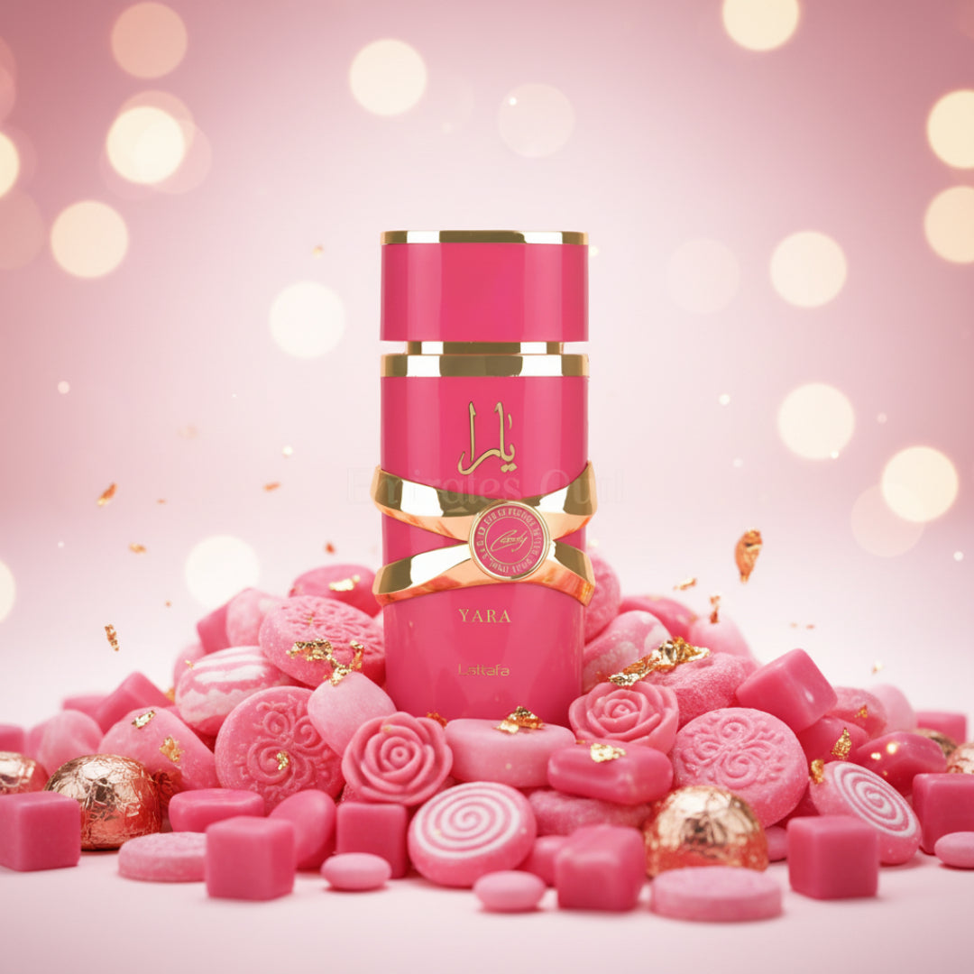 Yara Candy Lattafa atas gula-gula merah jambu, vibe sweet wanita Malaysia