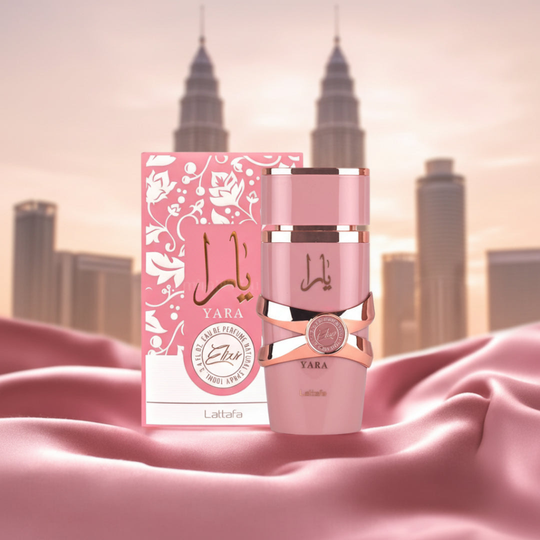 Yara Elixir dengan latar KLCC waktu petang, lighting pink romantik Malaysia