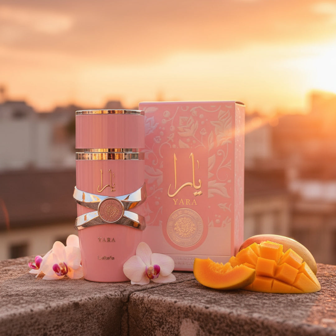 Woman perfume bottle on balcony at golden hour with tangerine sky and orchid petals &ndash; Yara vanilla tropical note