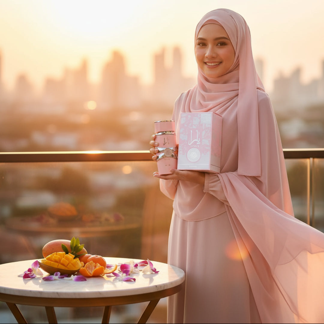 Malay hijabi woman smiling at golden hour balcony holding perfume gift with tangerine sky and orchids &ndash; tropical vanilla fragrance Malaysia