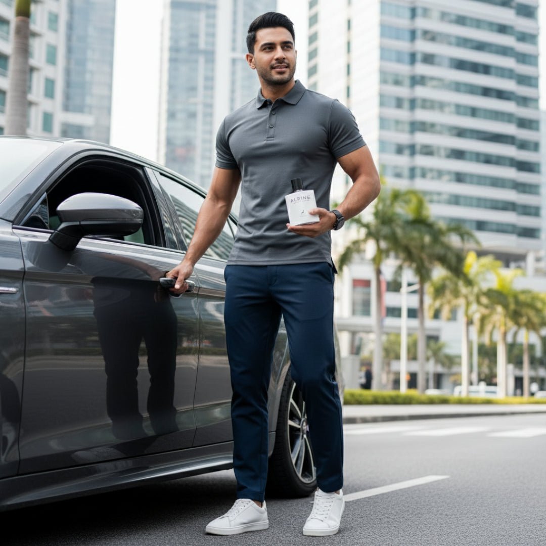 Lelaki Melayu membuka pintu kereta sambil memegang Alpine Homme Sport