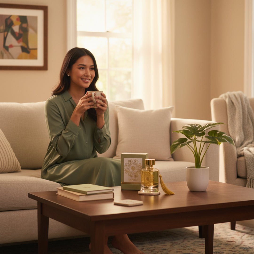 wanita melayu dengan anarch di meja kopi