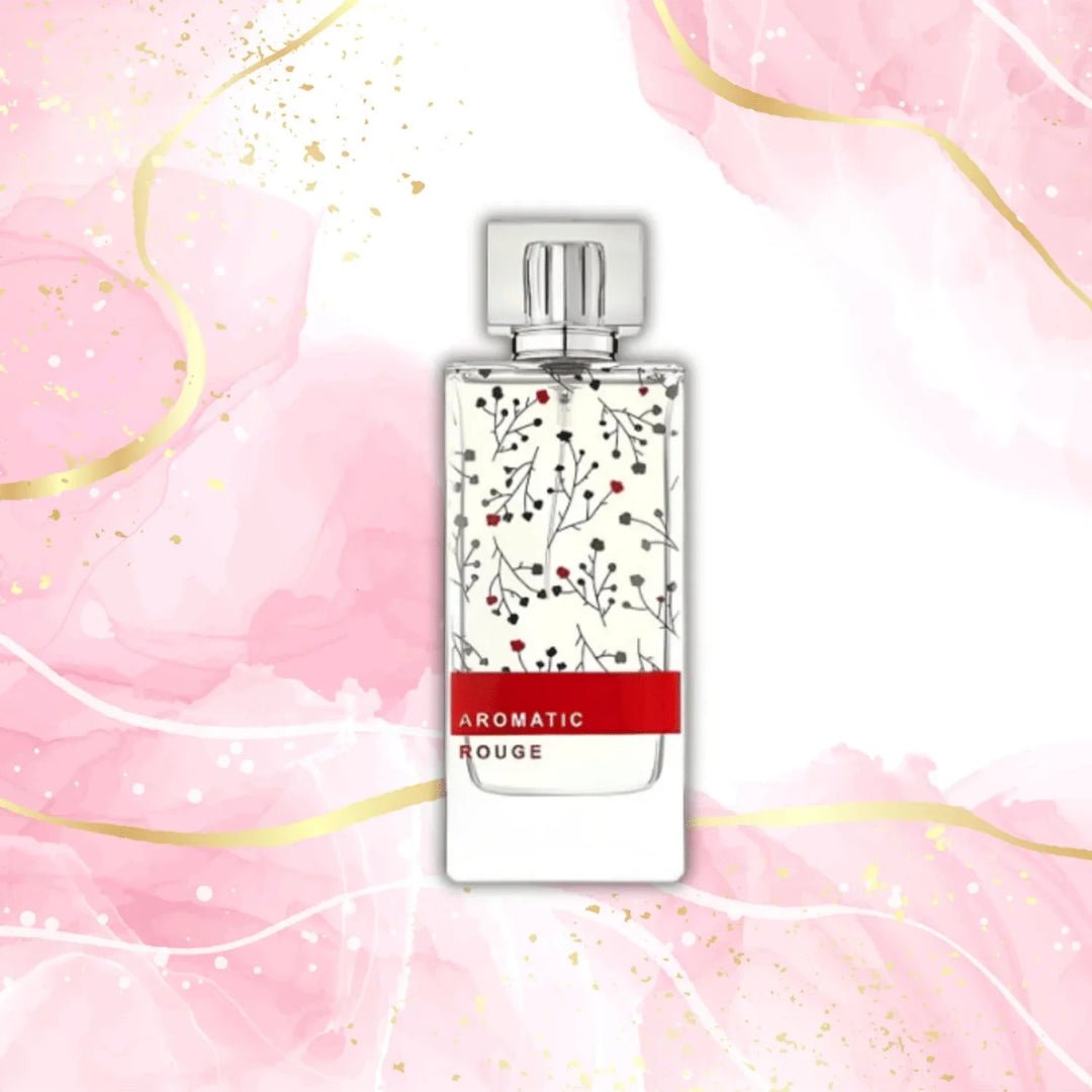 Perfume bottle with floral design on a pink and gold abstract background