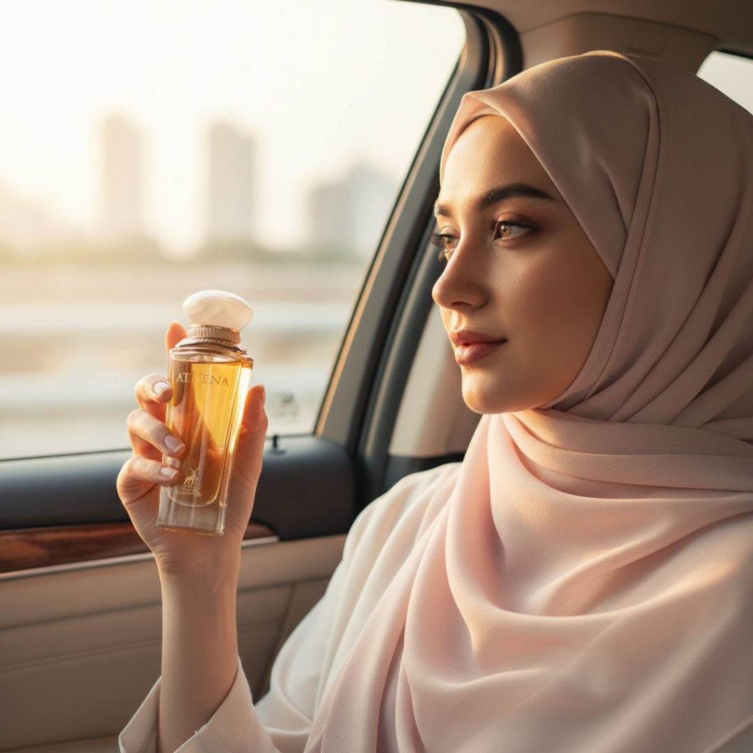 wanita berhijab dalam kereta pegang Athena gaya lembut